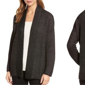 Eileen Fisher black silk organic linen cotton kimono open cardigan